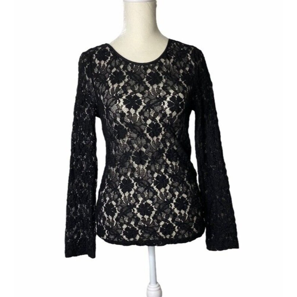 Calvin Klein Womens Blouse Black Floral Long Sleeve Scoop Neck Petites S New‎